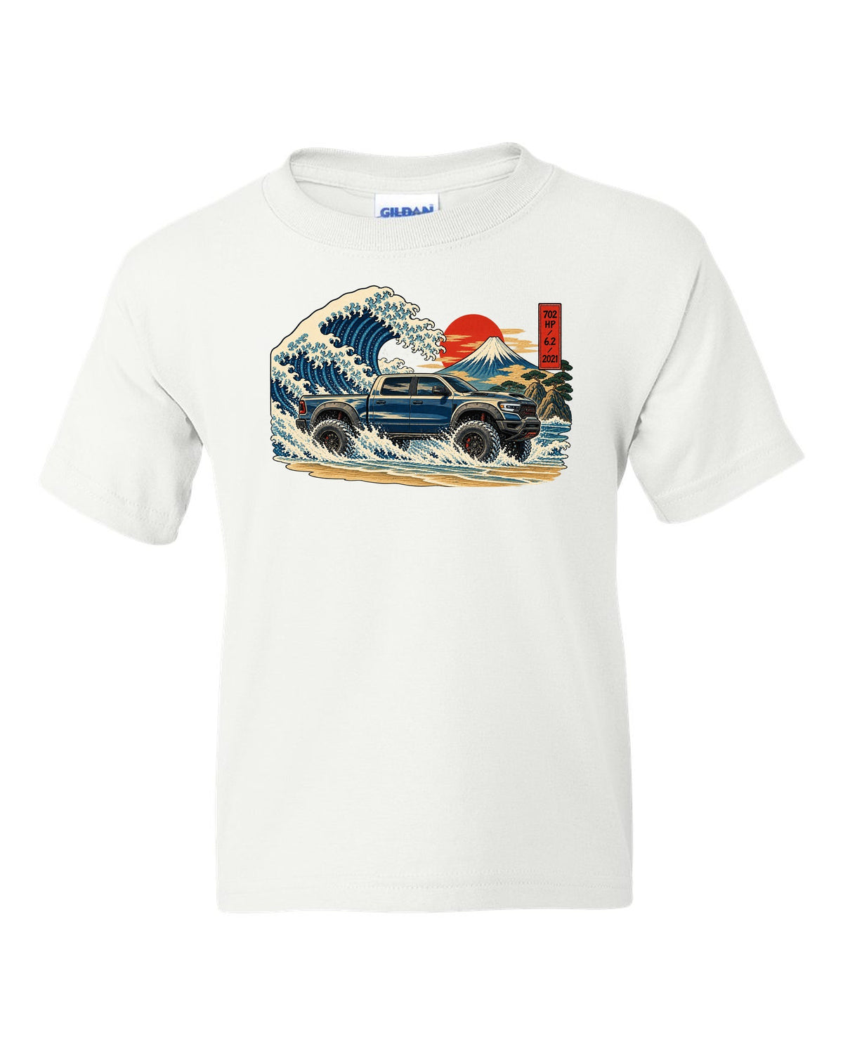 Ukiyo-e great wave woodblock print of a 2021-2024 Ram 1500 TRX with 702 HP 6.2 2021 text white kids tee front view with the design