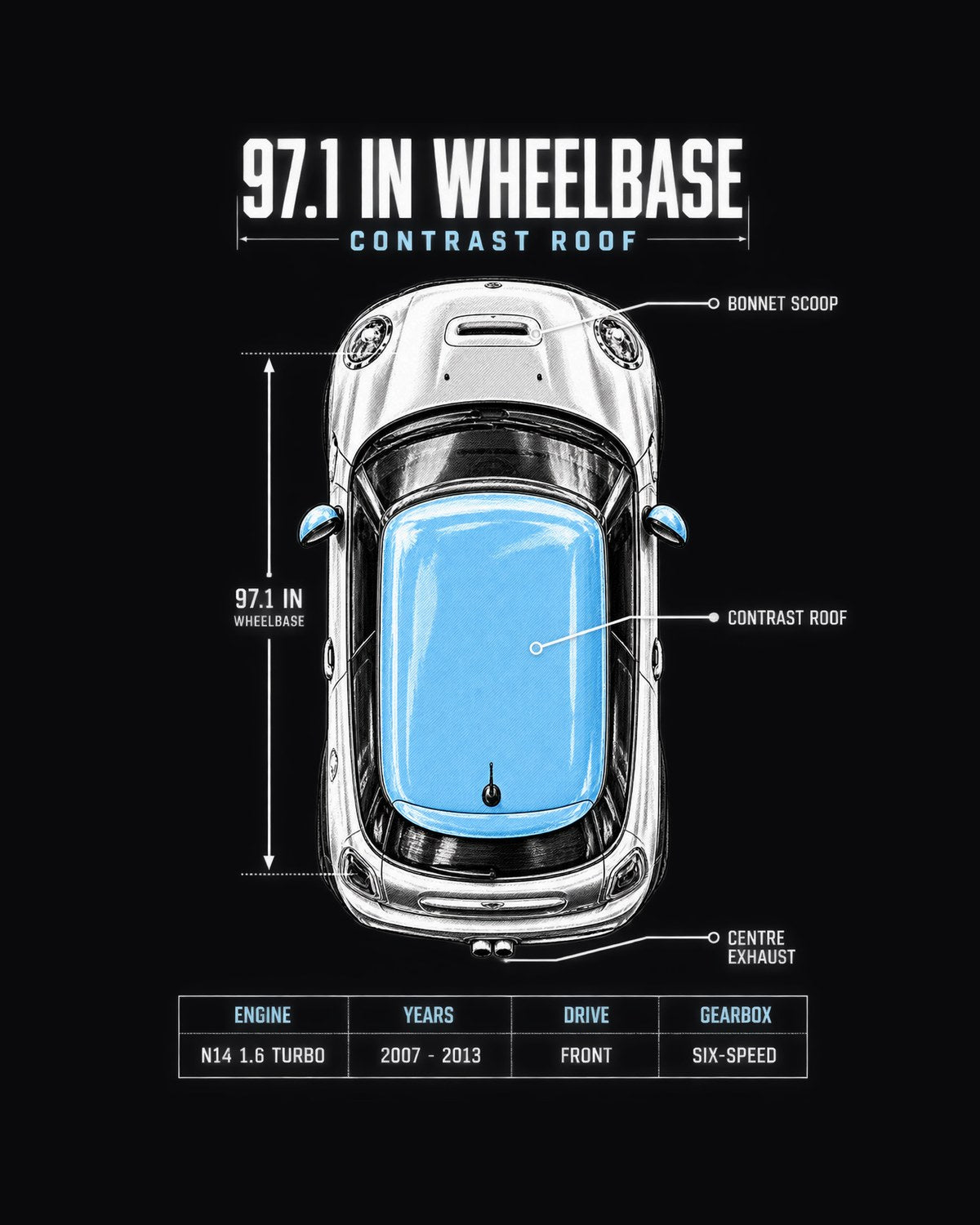 Mini Cooper S R56 Top-Down Spec Poster Tee, Contrast Roof design only