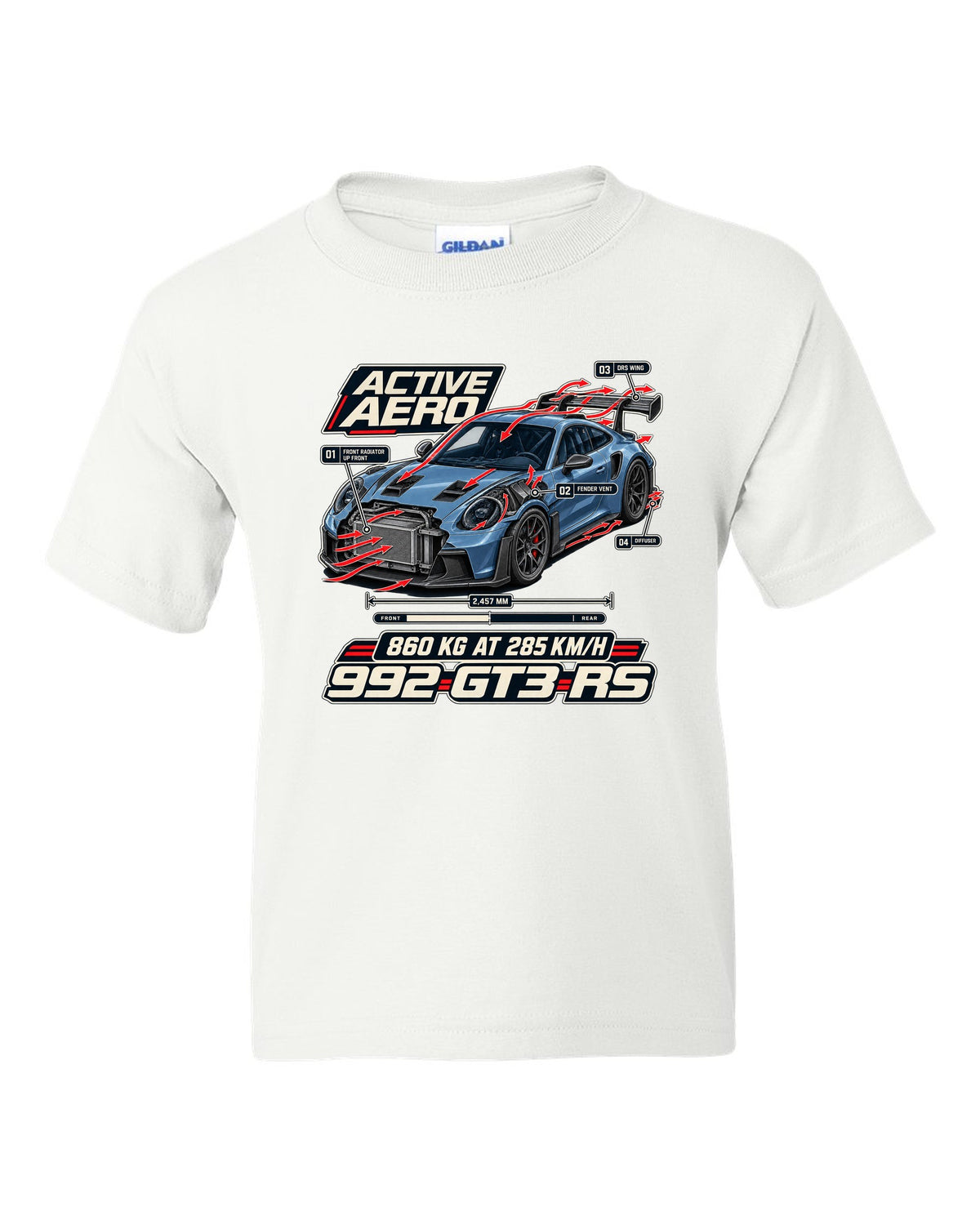 Porsche 992 GT3 RS aero and cutaway callouts print design white kids tee front view with the design
