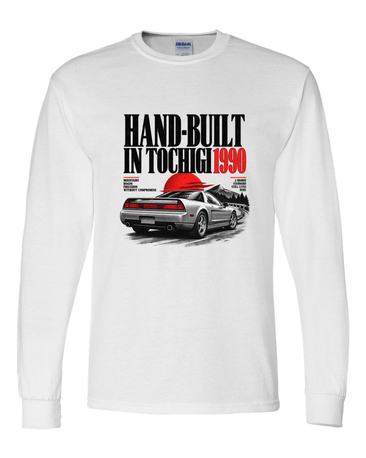 Honda NSX NA1 editorial headline design with hand-built in Tochigi 1990 text white long sleeve front view with the design
