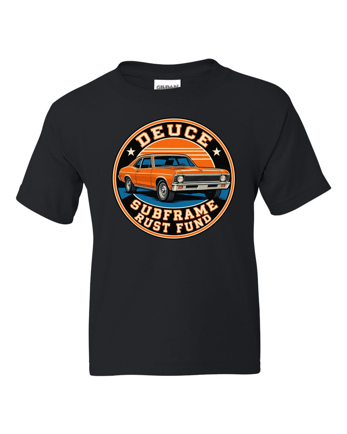 1968 Nova X-body in a round varsity crest with text Deuce Subframe Rust Fund black kids tee front view with the design