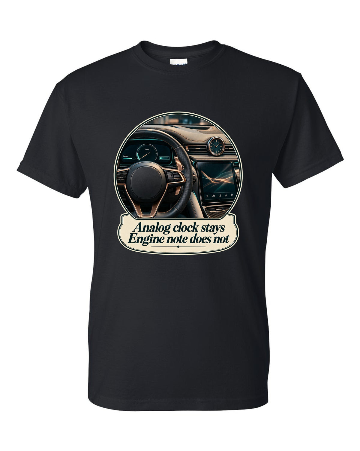 Maserati GranTurismo Folgore cockpit with analog clock, print black t-shirt front view with the design