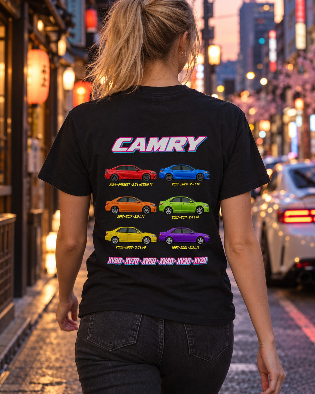 Toyota Camry Evolution Poster Full-Back Graphic Tee T-Shirt Black worn hero