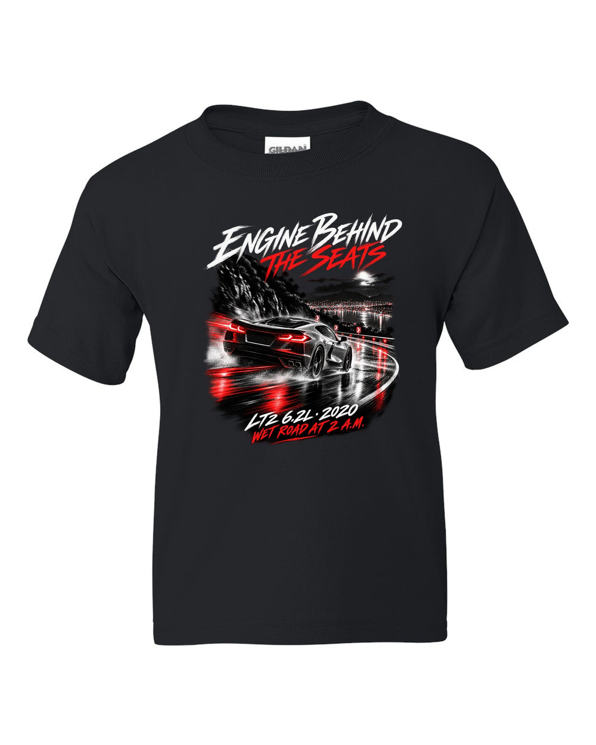 Corvette C8 Stingray driving on a wet road at night black kids tee front view with the design