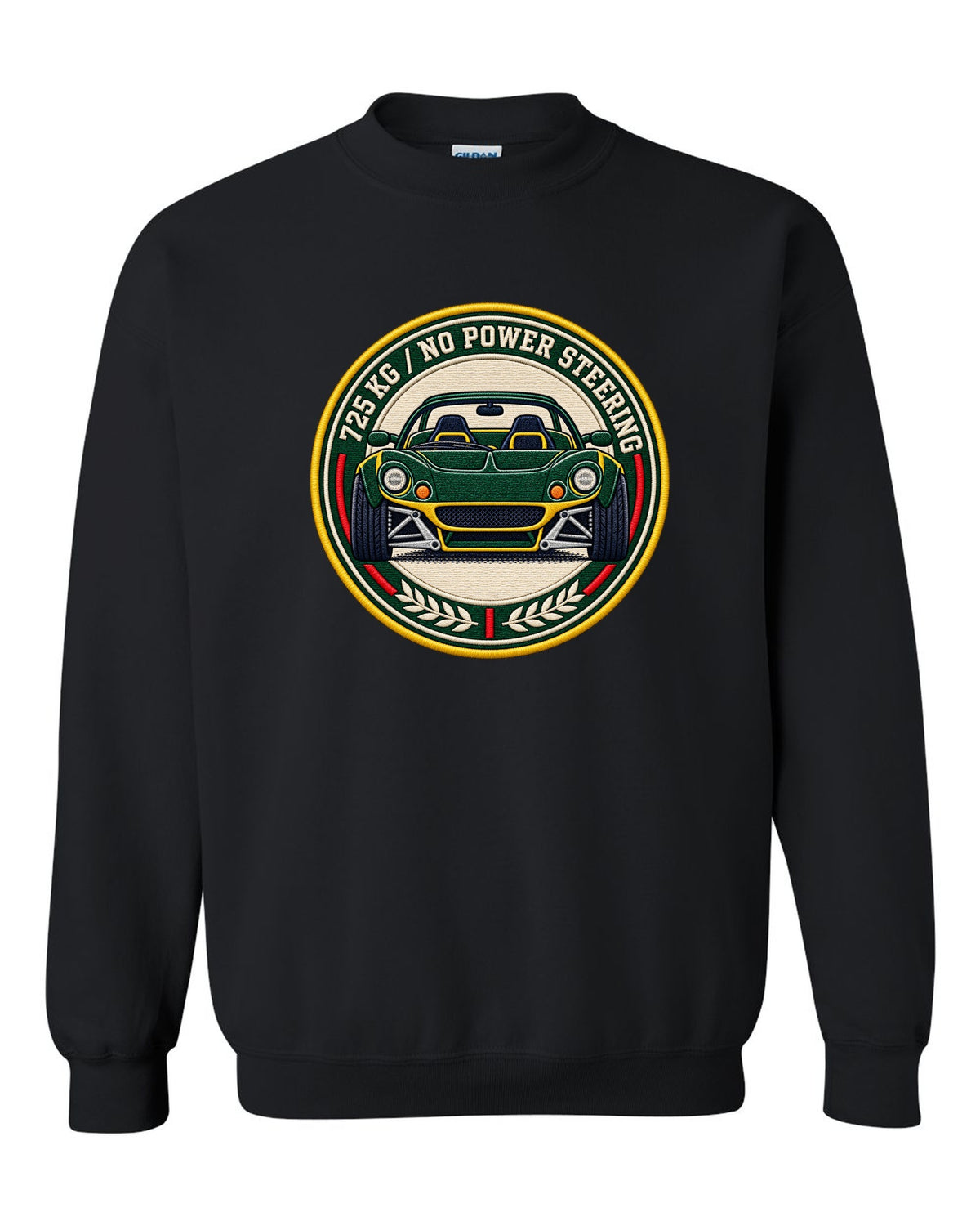 Lotus Elise S1 varsity crest design with 725 KG and no power steering lettering black crewneck front view with the design
