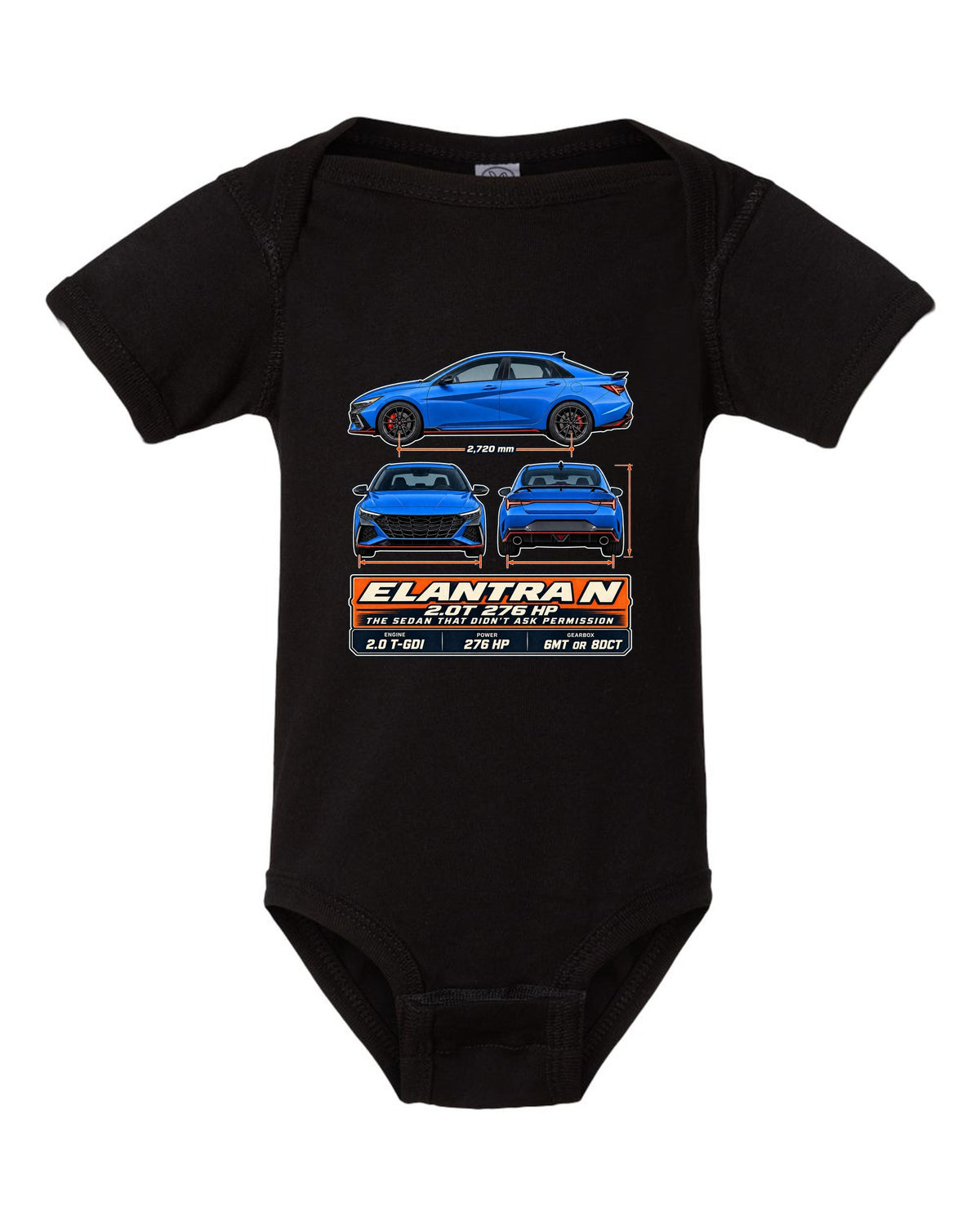 Hyundai Elantra N CN7 three-view drawing with spec table, print black baby onesie front view with the design
