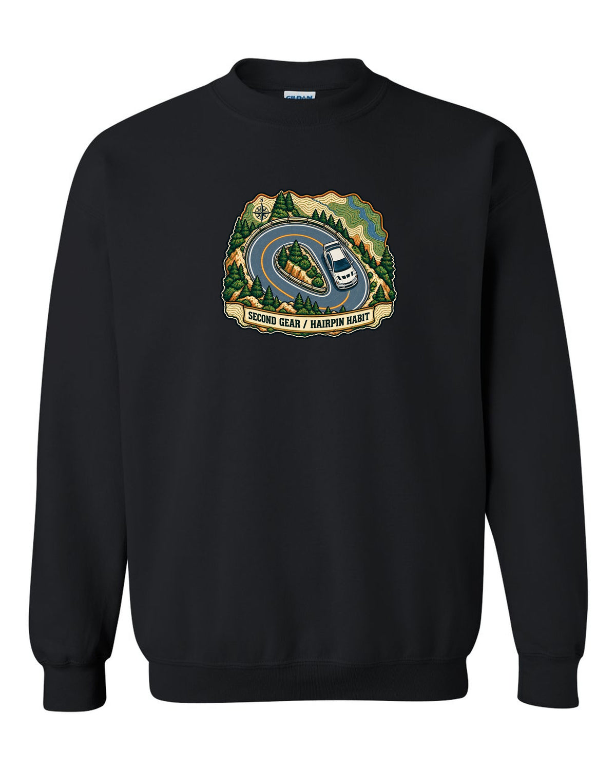 Topographic route map print for the Mitsubishi Evo VII CT9A with second gear hairpin habit text black crewneck front view with the design