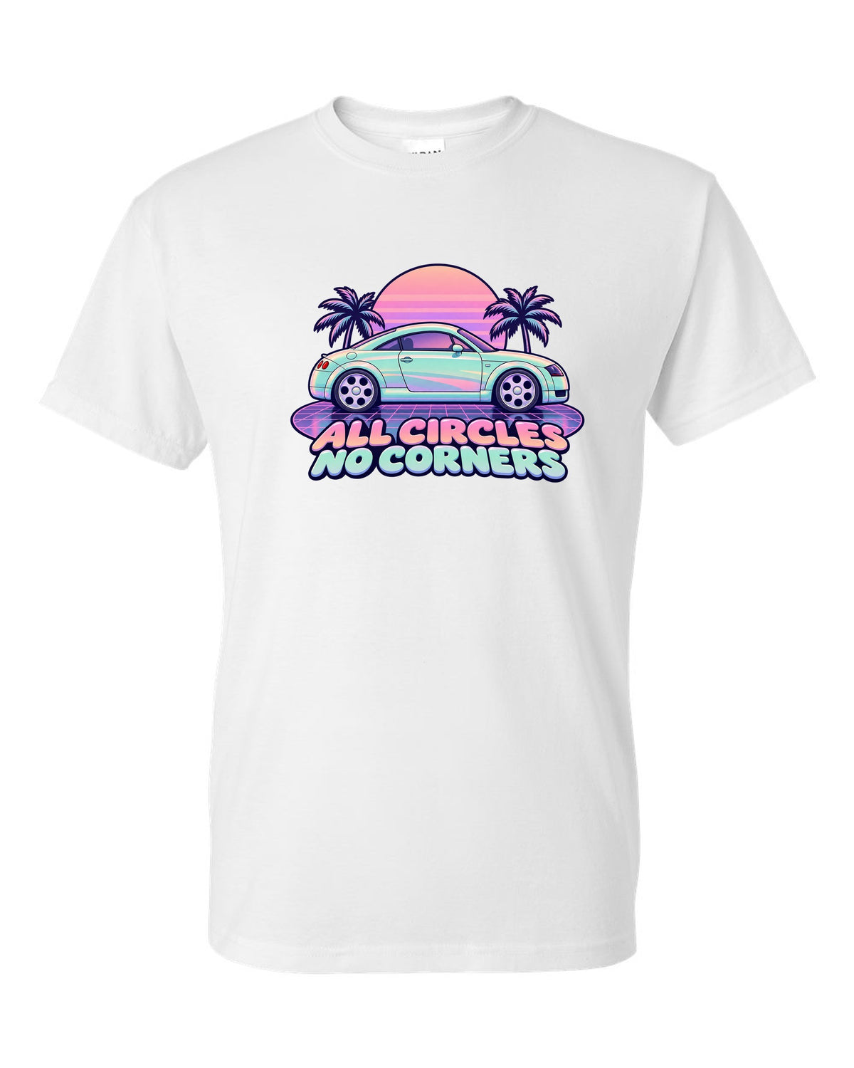 Pastel vaporwave print of an Audi TT Coupe 8N with all circles no corners text white t-shirt front view with the design