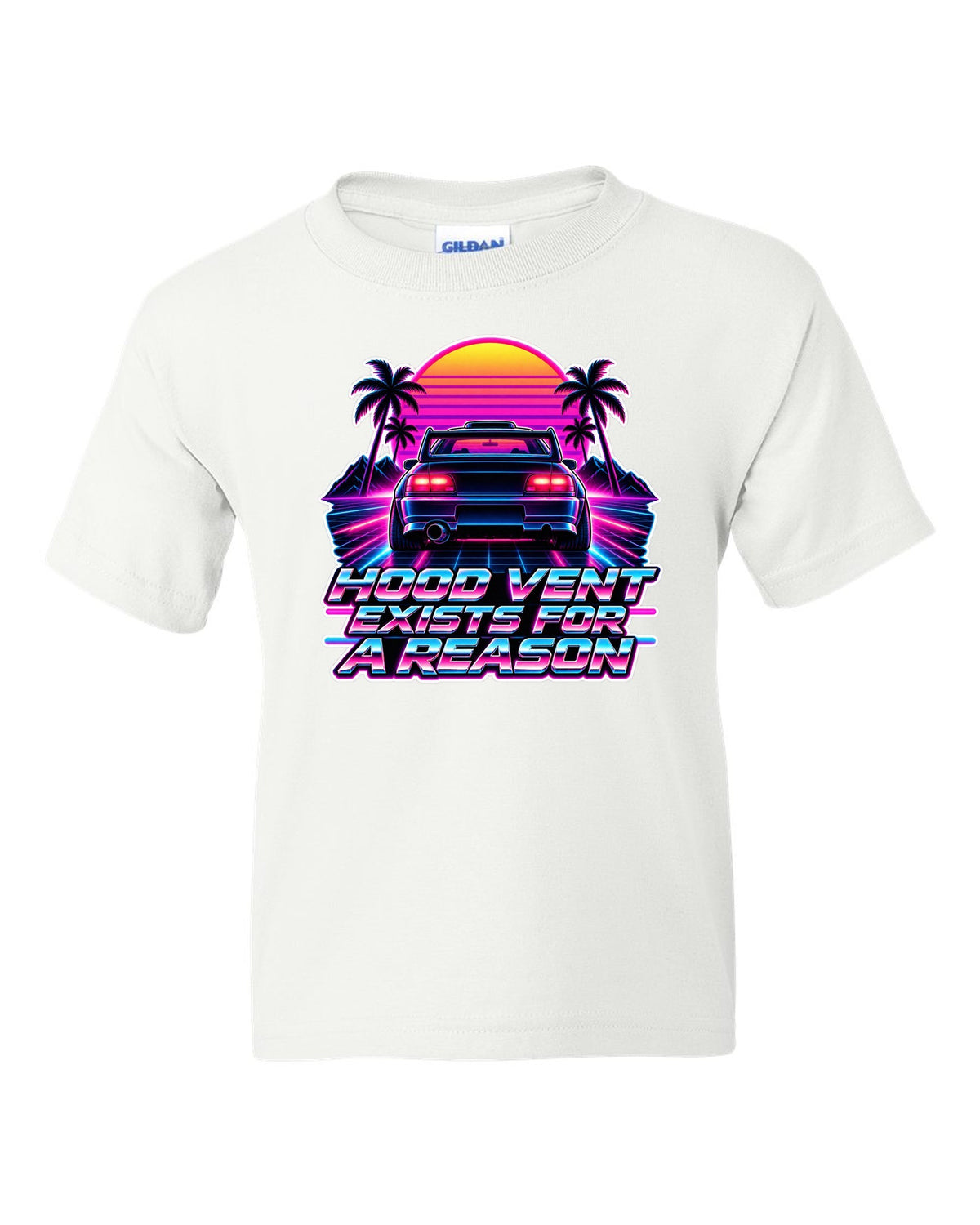 Synthwave outrun illustration of a Toyota Celica GT-Four ST205 with hood vent lettering white kids tee front view with the design