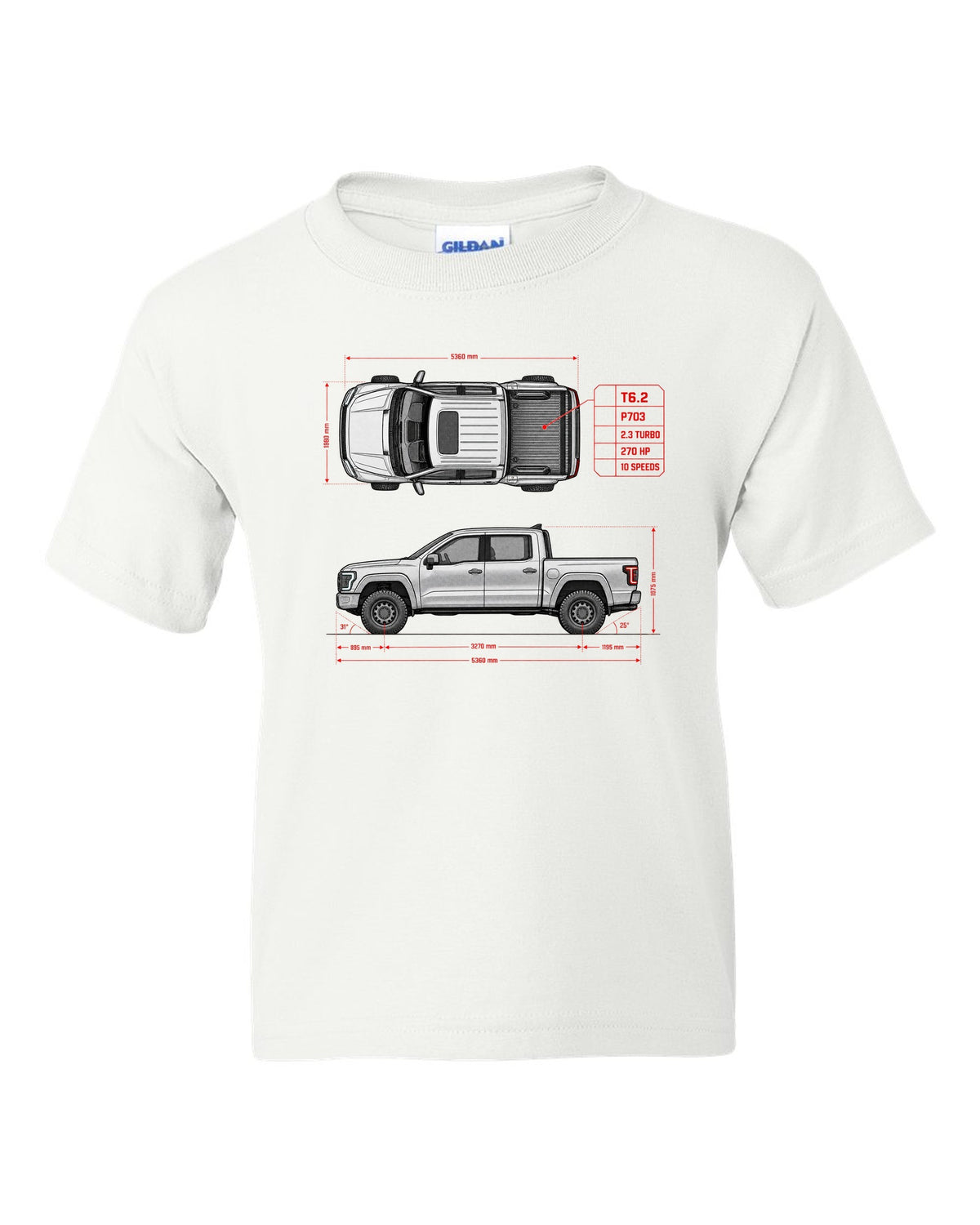 Ford Ranger T6.2 P703 spec poster print with 2.3 turbo, 270 HP and 10 speeds white kids tee front view with the design