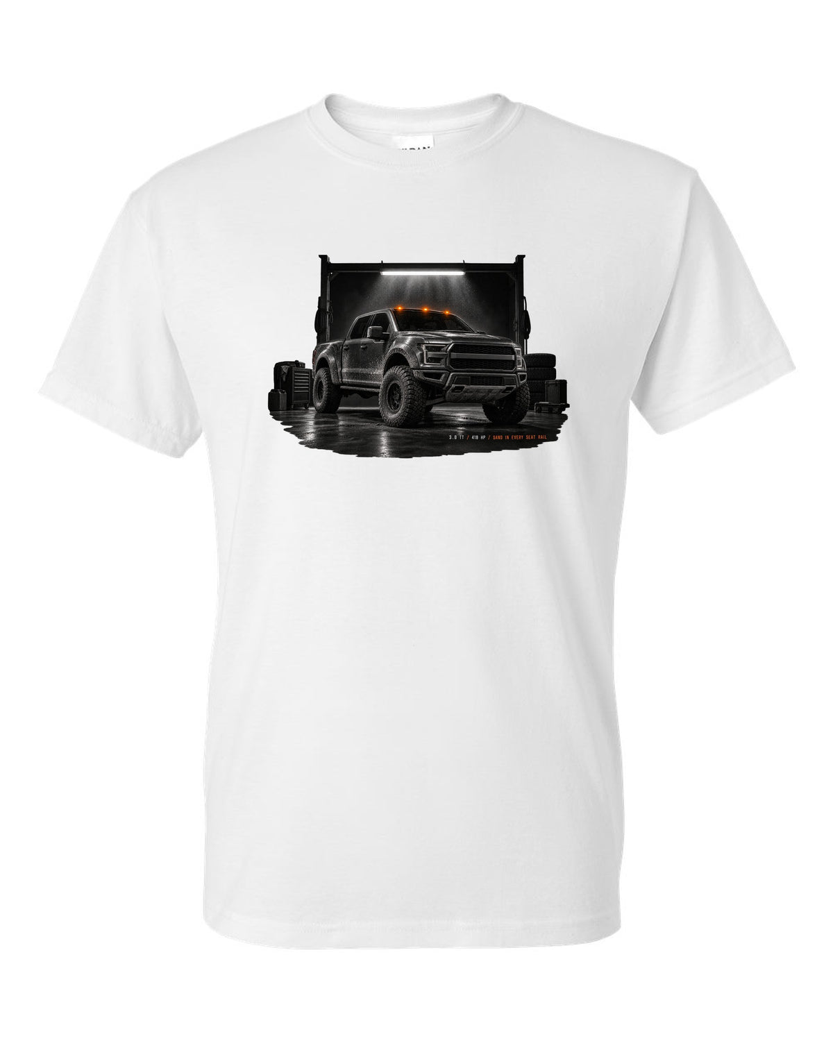 Ford Bronco Raptor 2022 U725 garage night print with 3.0 TT and 418 HP text white t-shirt front view with the design