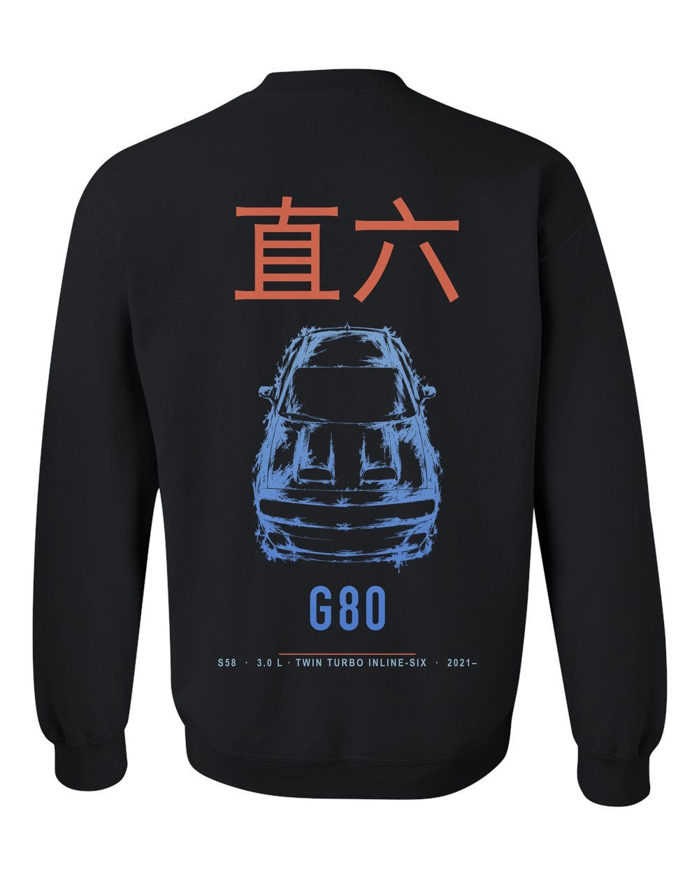 G80 full-back artwork black crewneck back view with the design