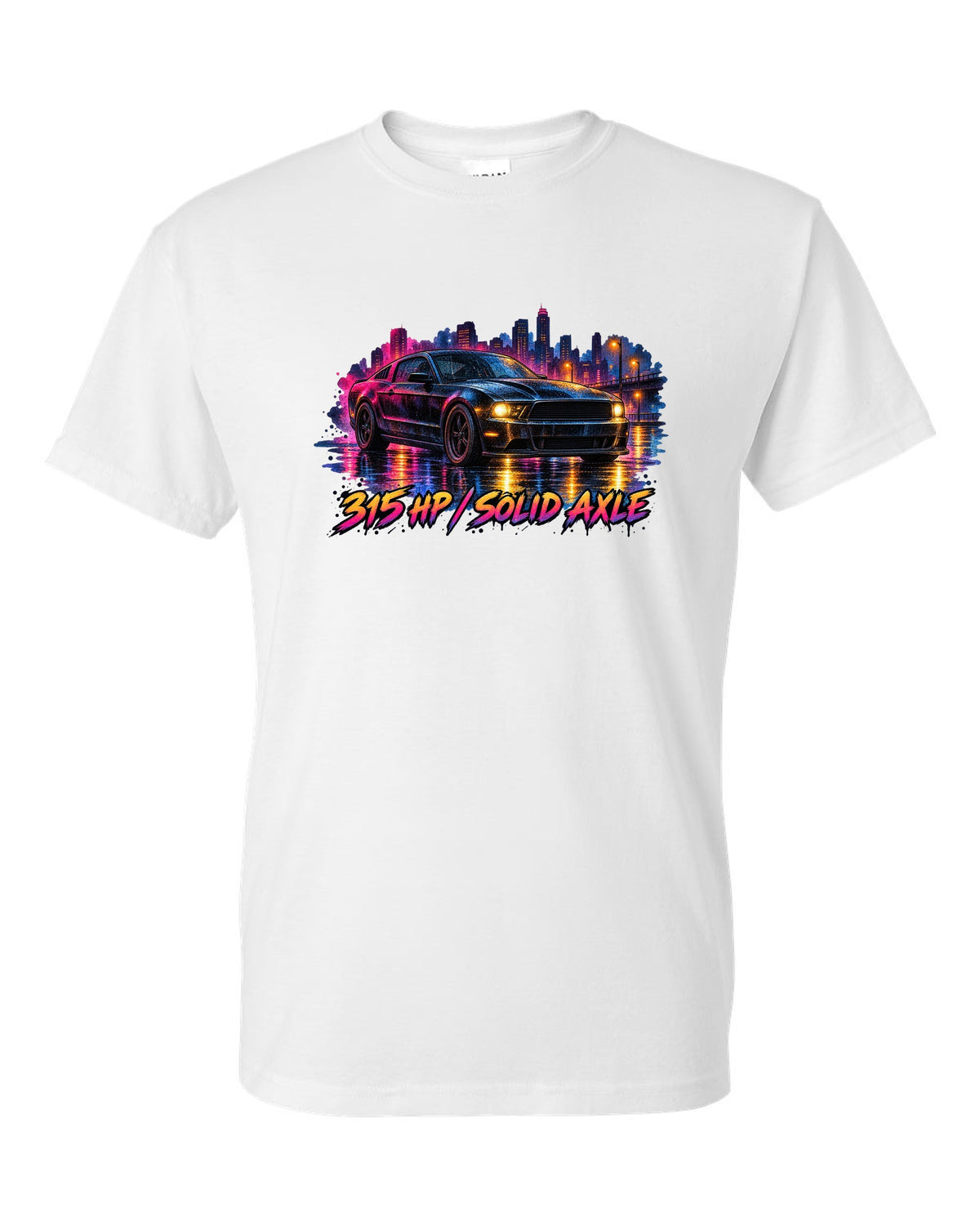 Watercolour wet road night scene with a 2005-2014 S197 Ford Mustang fastback white t-shirt front view with the design