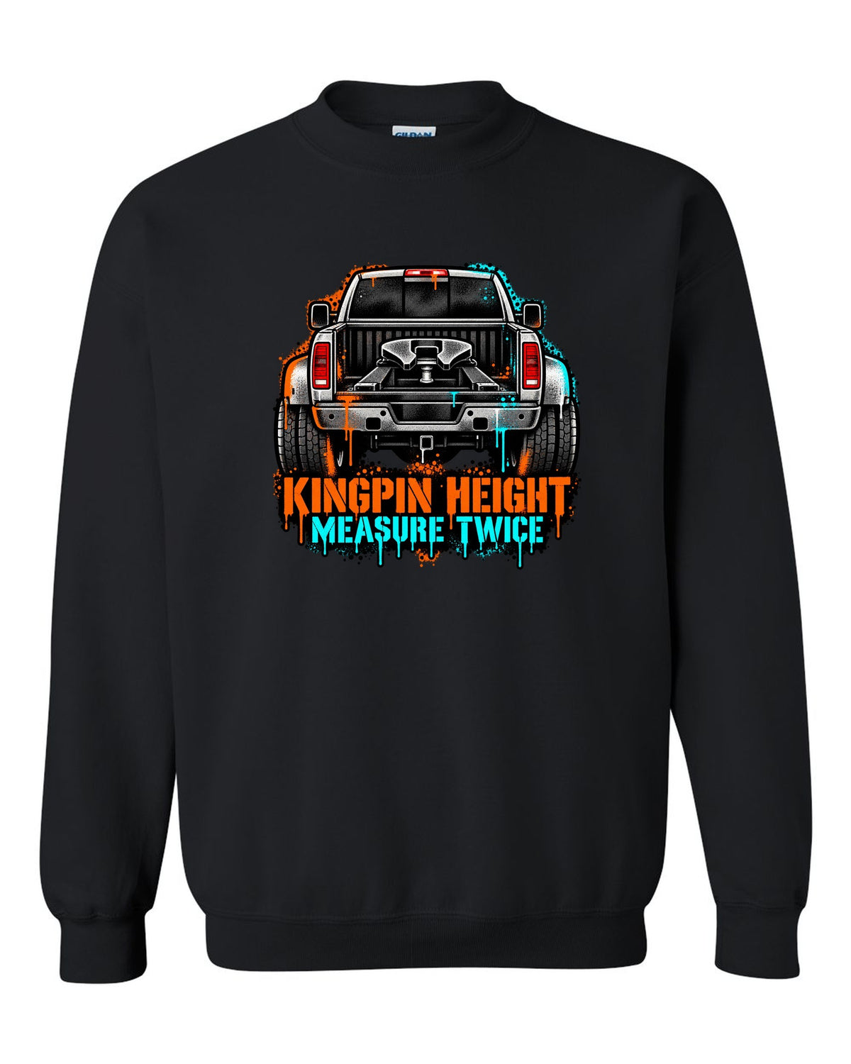Stencil spray-art print of a 2010-2018 Ram 3500 6.7 Cummins rear with fifth wheel and kingpin height text black crewneck front view with the design