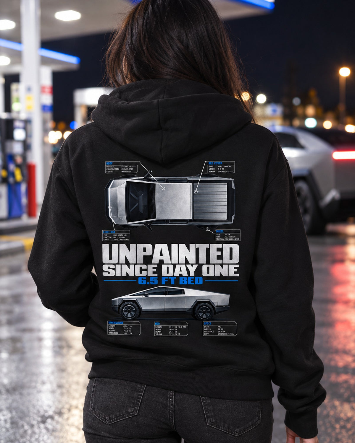 Cybertruck Unpainted Top-Down Spec Poster Shirt, Truck Gift Zip Hoodie Black worn hero