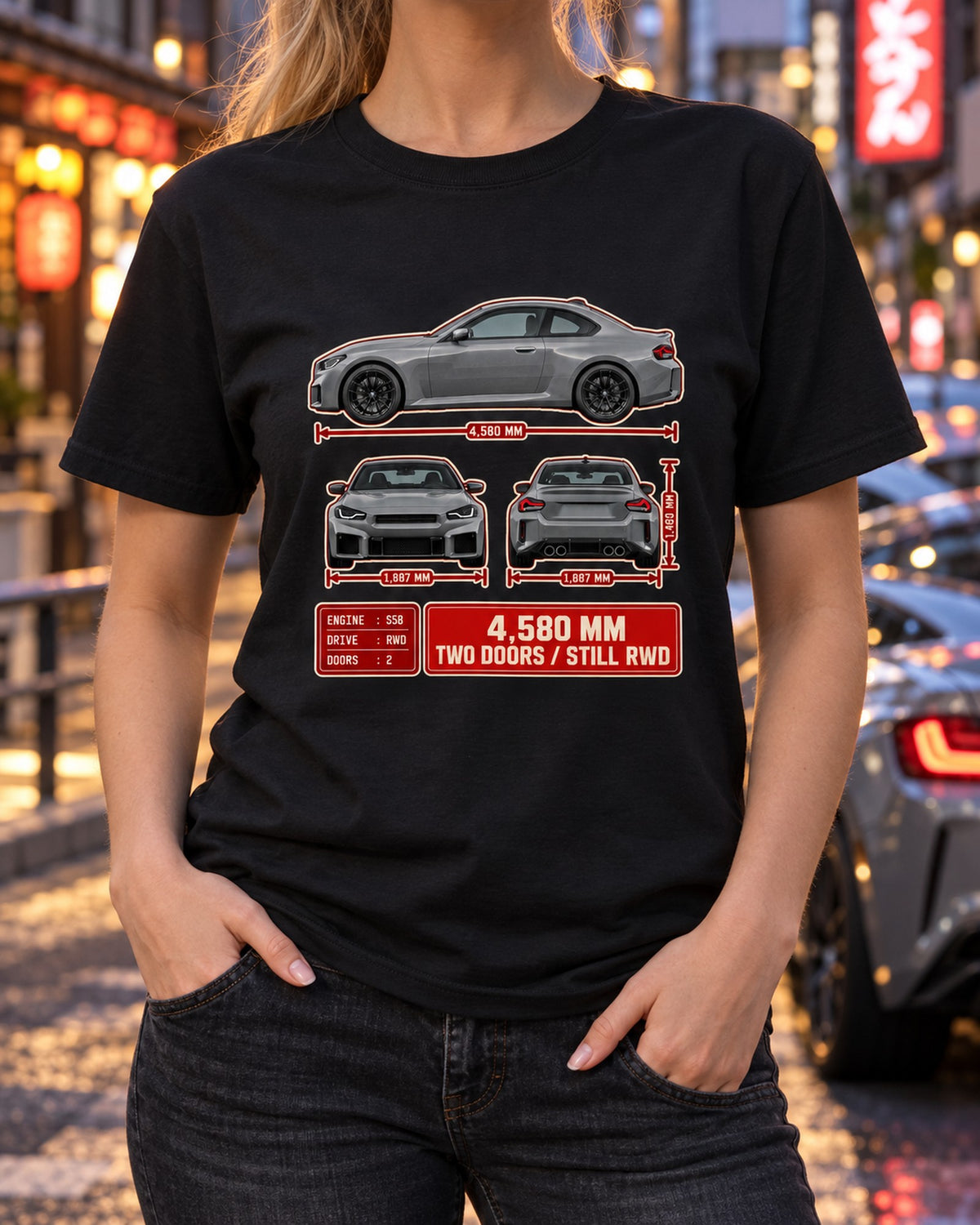 BMW M2 G87 Three-View Spec Tee, 4,580 mm Rear-Drive Car Shirt T-Shirt Black worn hero