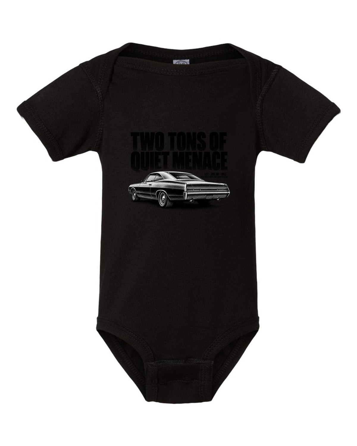 1967 Impala SS 427 two-door hardtop halftone print with 385 HP text black baby onesie front view with the design