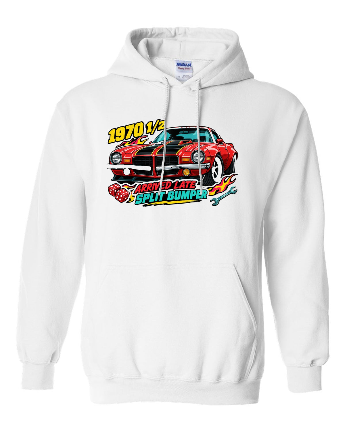 1970 Chevrolet Camaro Z28 split bumper sticker-bomb collage print reading 1970 1/2 Arrived Late white pull over hoodie front view with the design