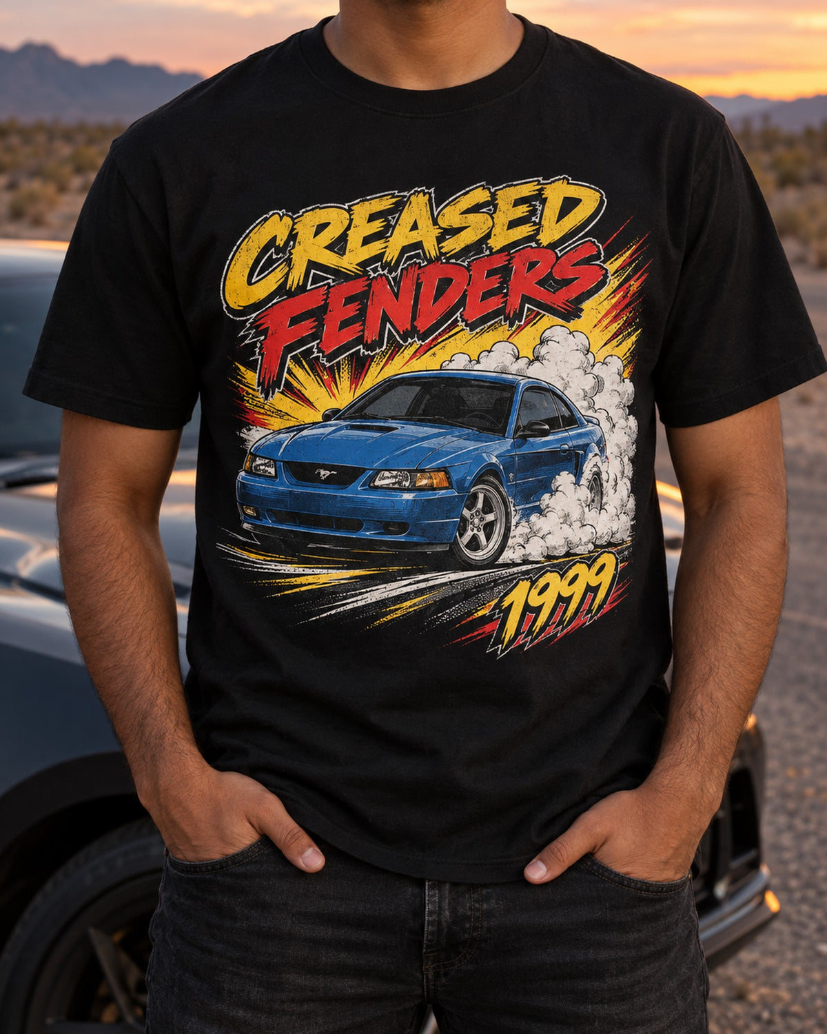 1999-2004 New Edge Mustang Coupe Comic Pop Art Burnout Tee T-Shirt Black worn hero