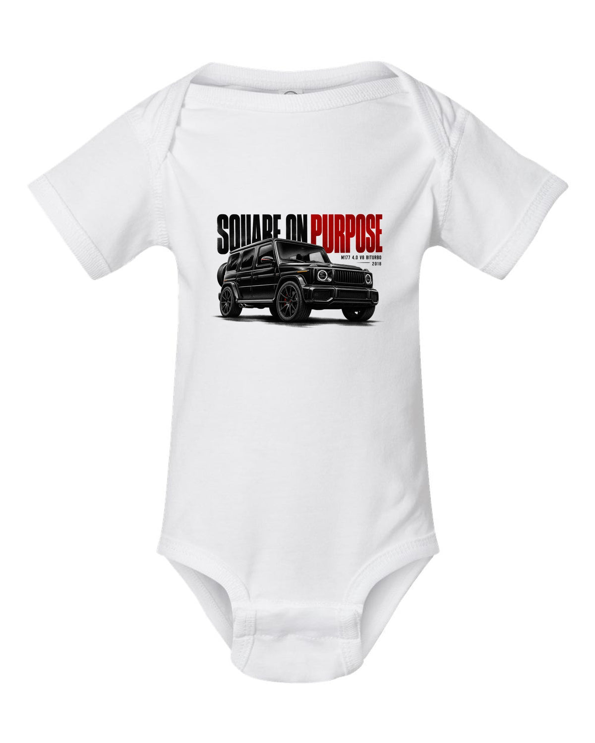 Halftone statement print of a Mercedes-AMG G63 W464 with Square On Purpose lettering white baby onesie front view with the design