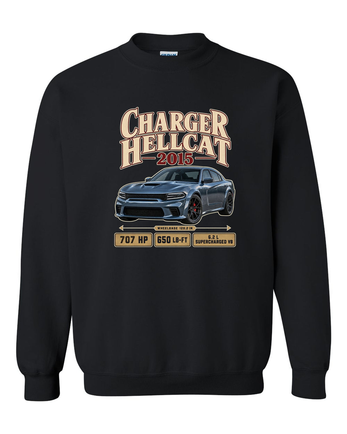 print of a 2015 Dodge Charger SRT Hellcat in an archive panel layout black crewneck front view with the design