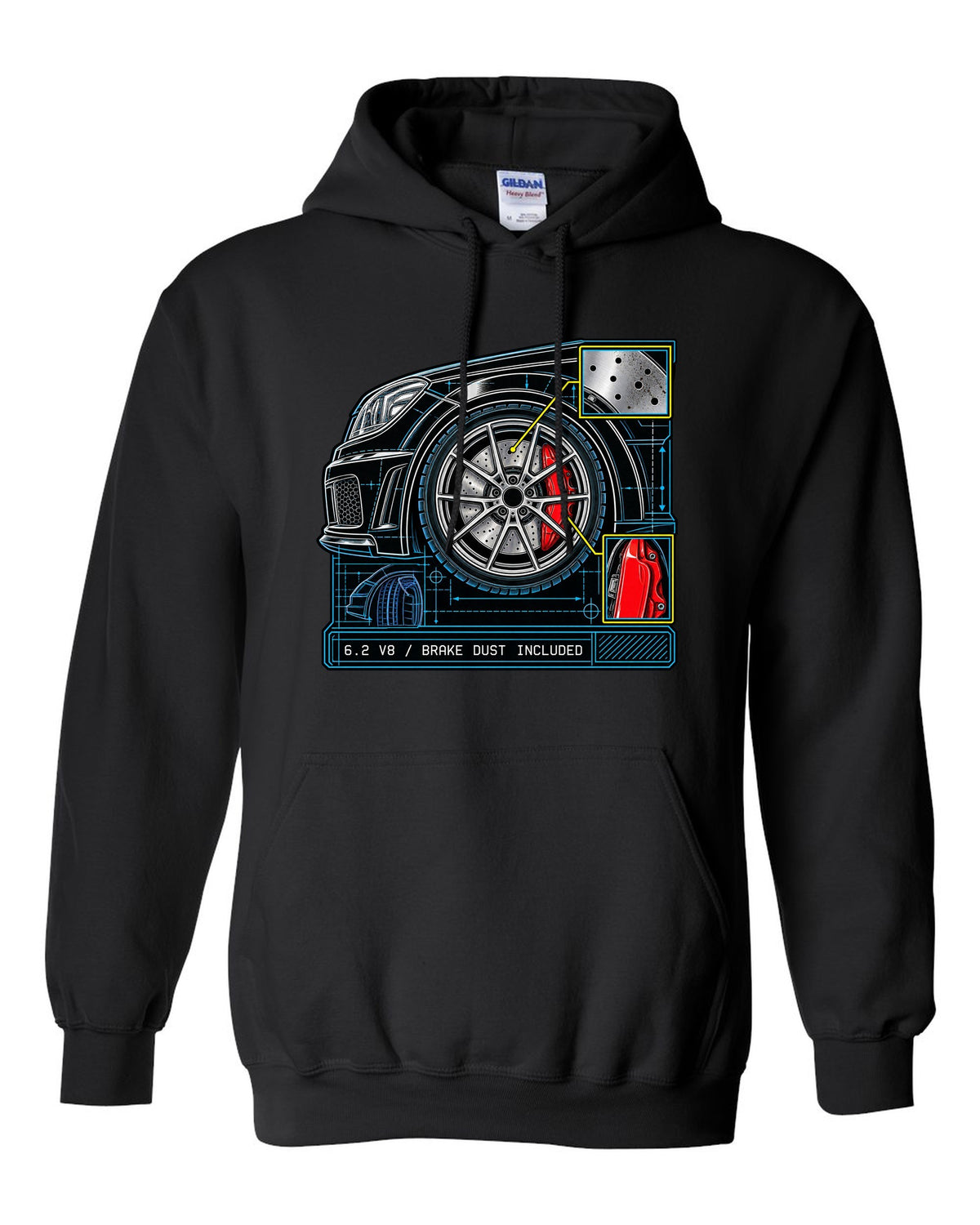 Retro manga ink burnout illustration of a Mercedes C63 Coupe C204 with tyre text black pull over hoodie front view with the design