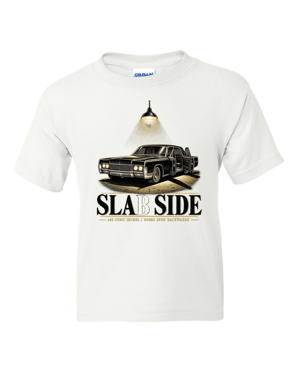 print of a 1966 Lincoln Continental fourth generation parked in a night garage white kids tee front view with the design