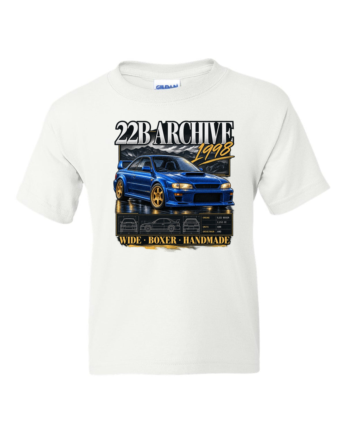 Archive panel print of a Subaru Impreza 22B STi GC8 with 400 built lettering white kids tee front view with the design
