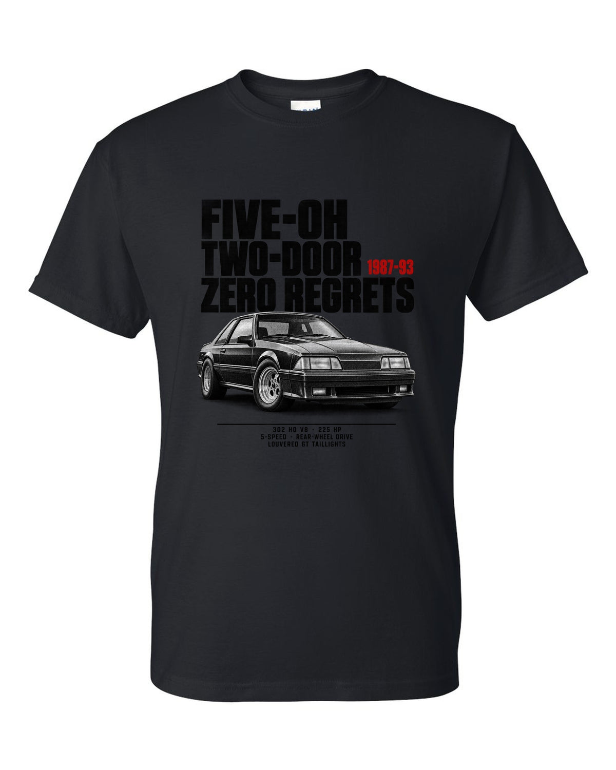 Halftone illustration of a Ford Mustang Fox body notchback with five-oh two-door lettering black t-shirt front view with the design