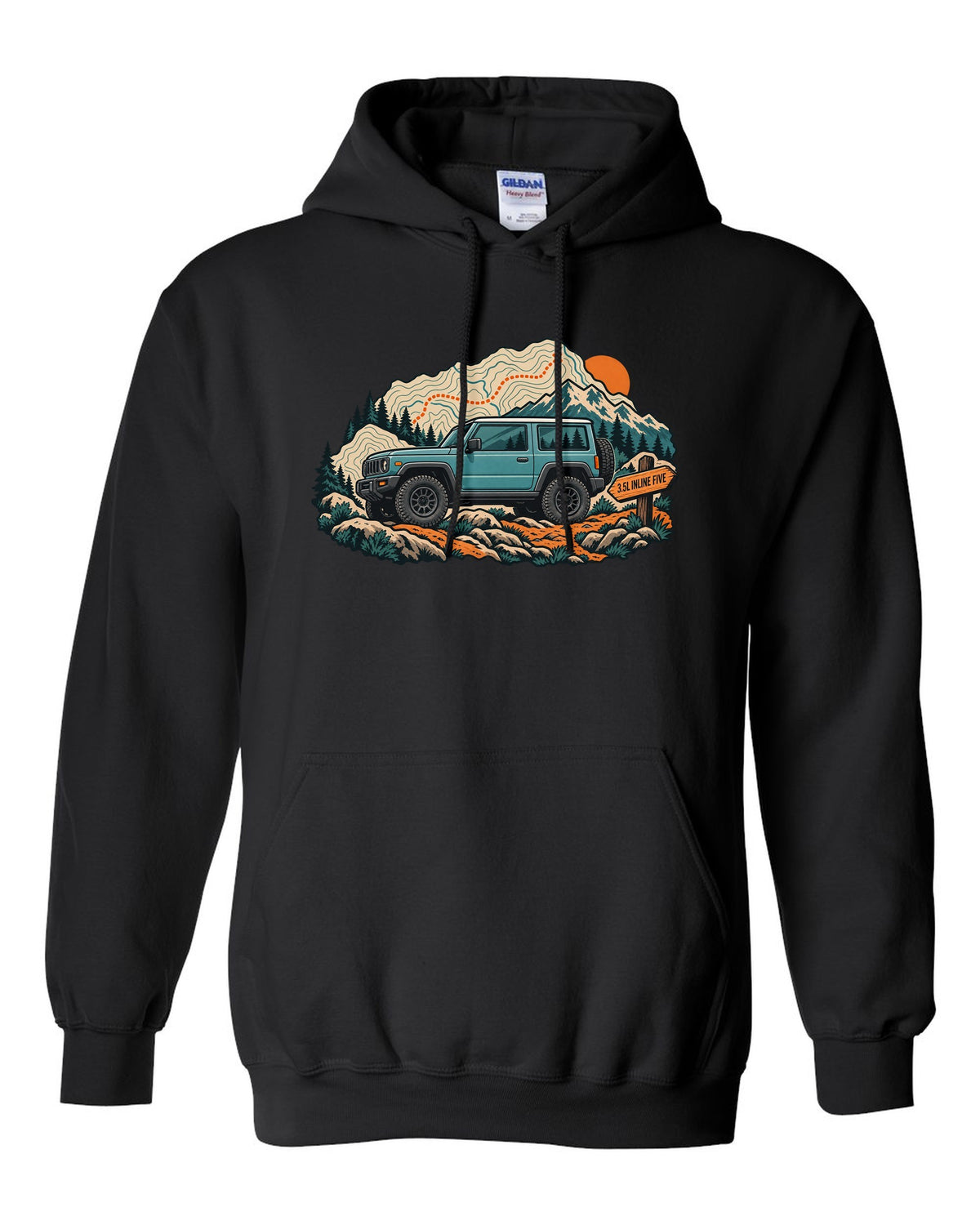 Topographic trail map print of a 2006-10 Hummer H3 with 3.5L inline five lettering black pull over hoodie front view with the design