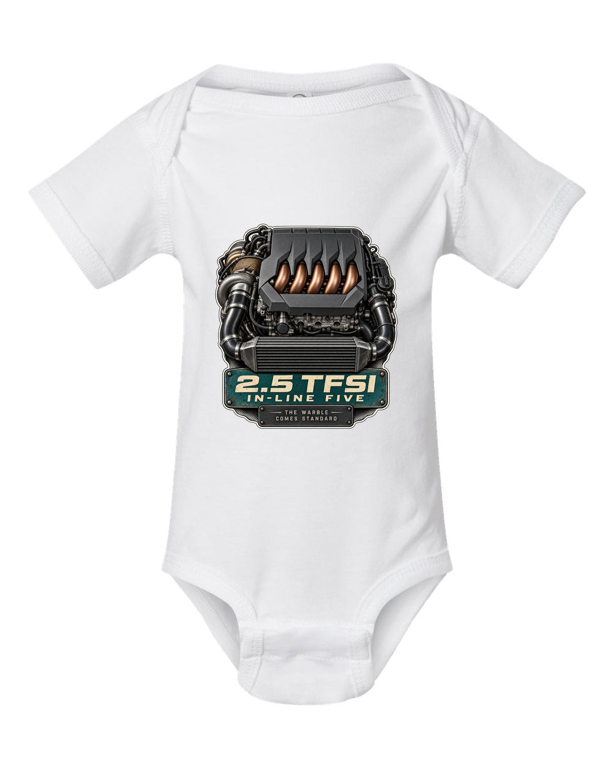 Engine bay print of the Audi RS3 8Y 2.5 TFSI in-line five white baby onesie front view with the design