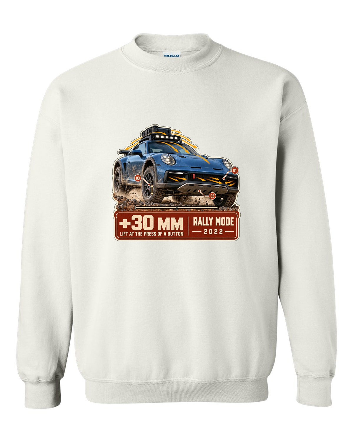 Aero callout print of a Porsche 911 Dakar 992 showing the lift feature white crewneck front view with the design