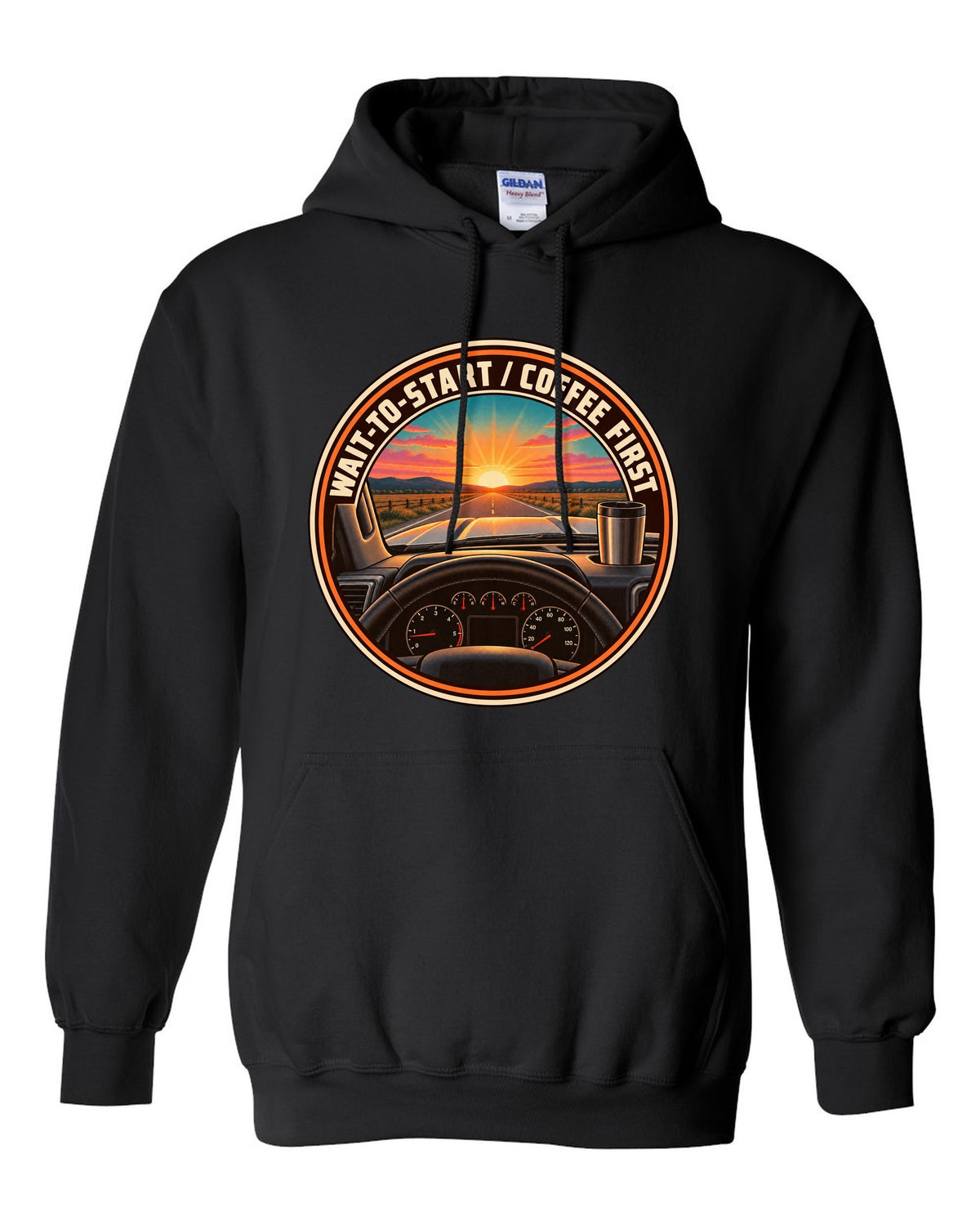 Retro sunset crest print for a 2010-2018 Ram 2500 6.7 Cummins with wait-to-start coffee first text black pull over hoodie front view with the design
