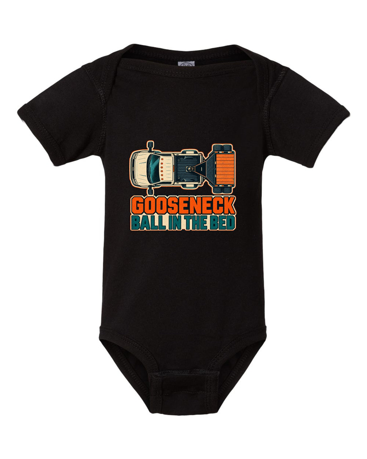 Top-down risograph print of a 2019-2024 Ram HD 3500 long bed with gooseneck ball in the bed text black baby onesie front view with the design