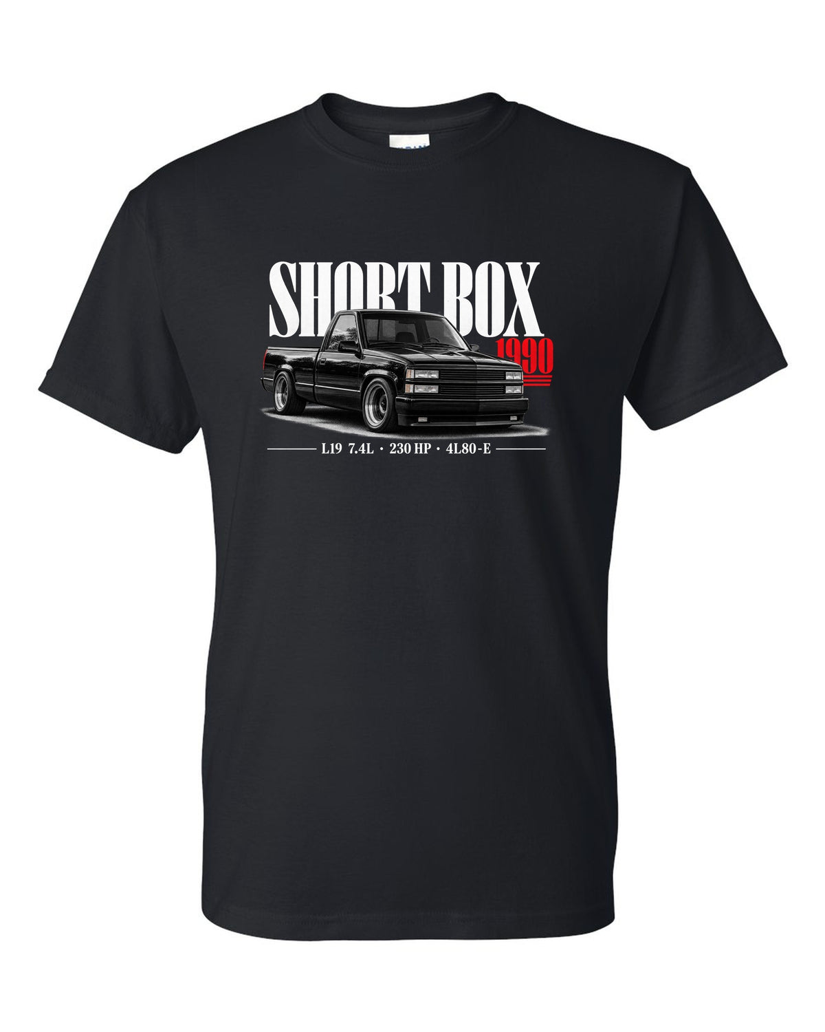 1990 Chevy 454 SS short box pickup editorial print black t-shirt front view with the design