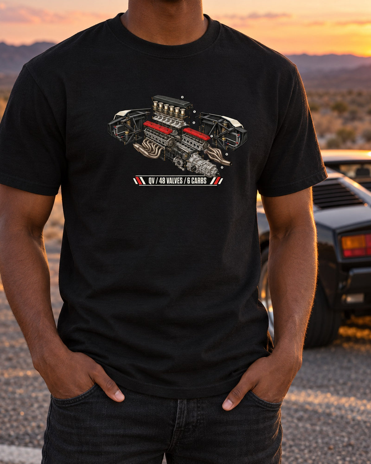 Lamborghini Countach LP5000 QV Exploded Engine Shirt, Car Gift T-Shirt Black worn hero