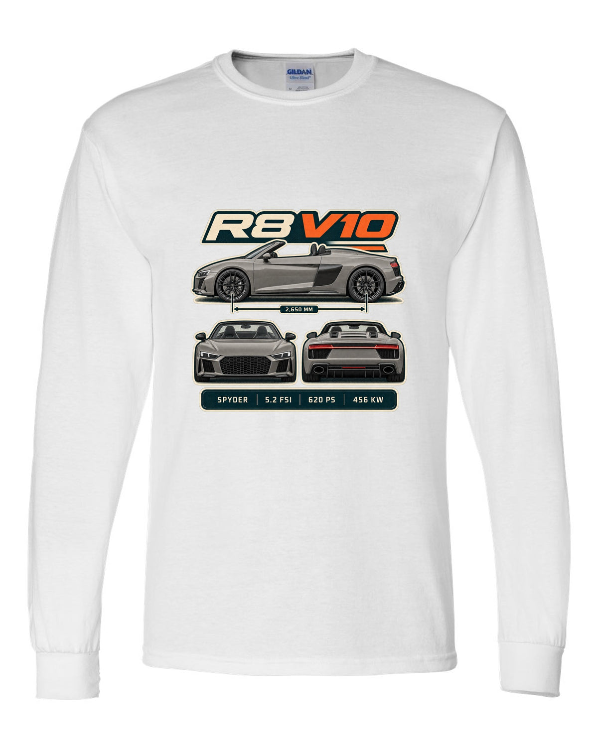 Audi R8 Spyder V10 performance three-view spec table print design white long sleeve front view with the design