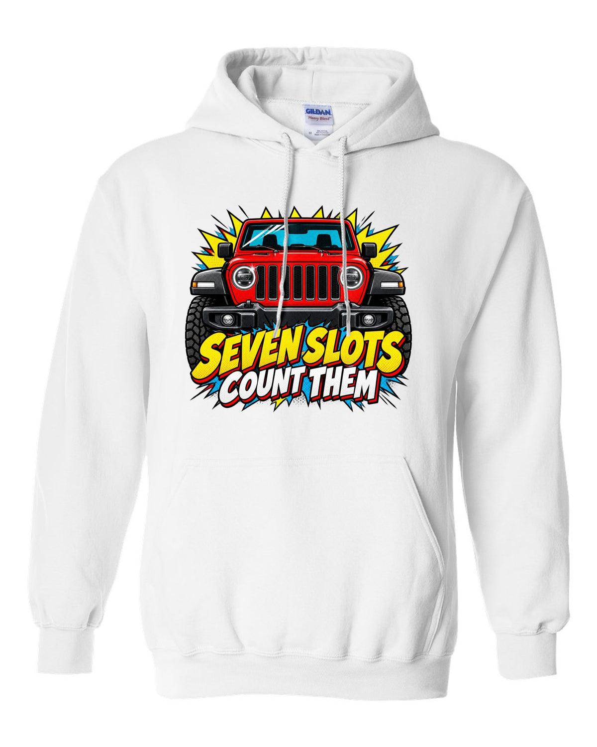 Comic halftone pop-art print of a Jeep Wrangler JL with seven slots text white pull over hoodie front view with the design