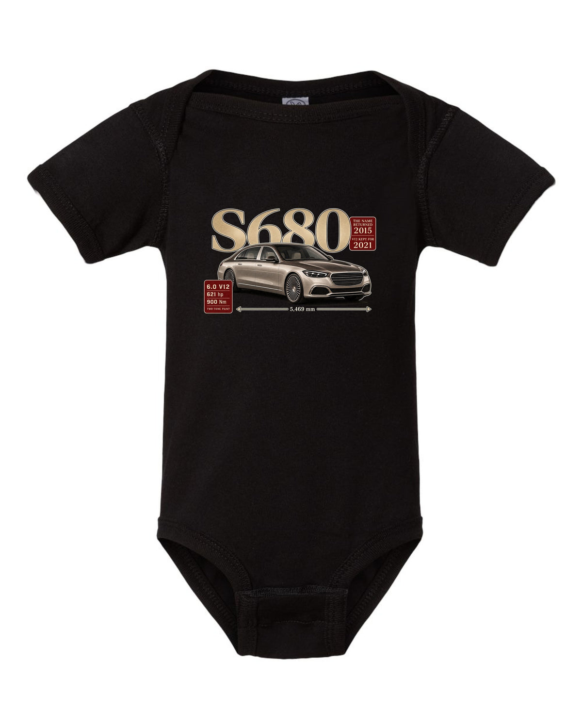 print archive panel of a Mercedes-Maybach S680 Z223 three-quarter with serif title black baby onesie front view with the design
