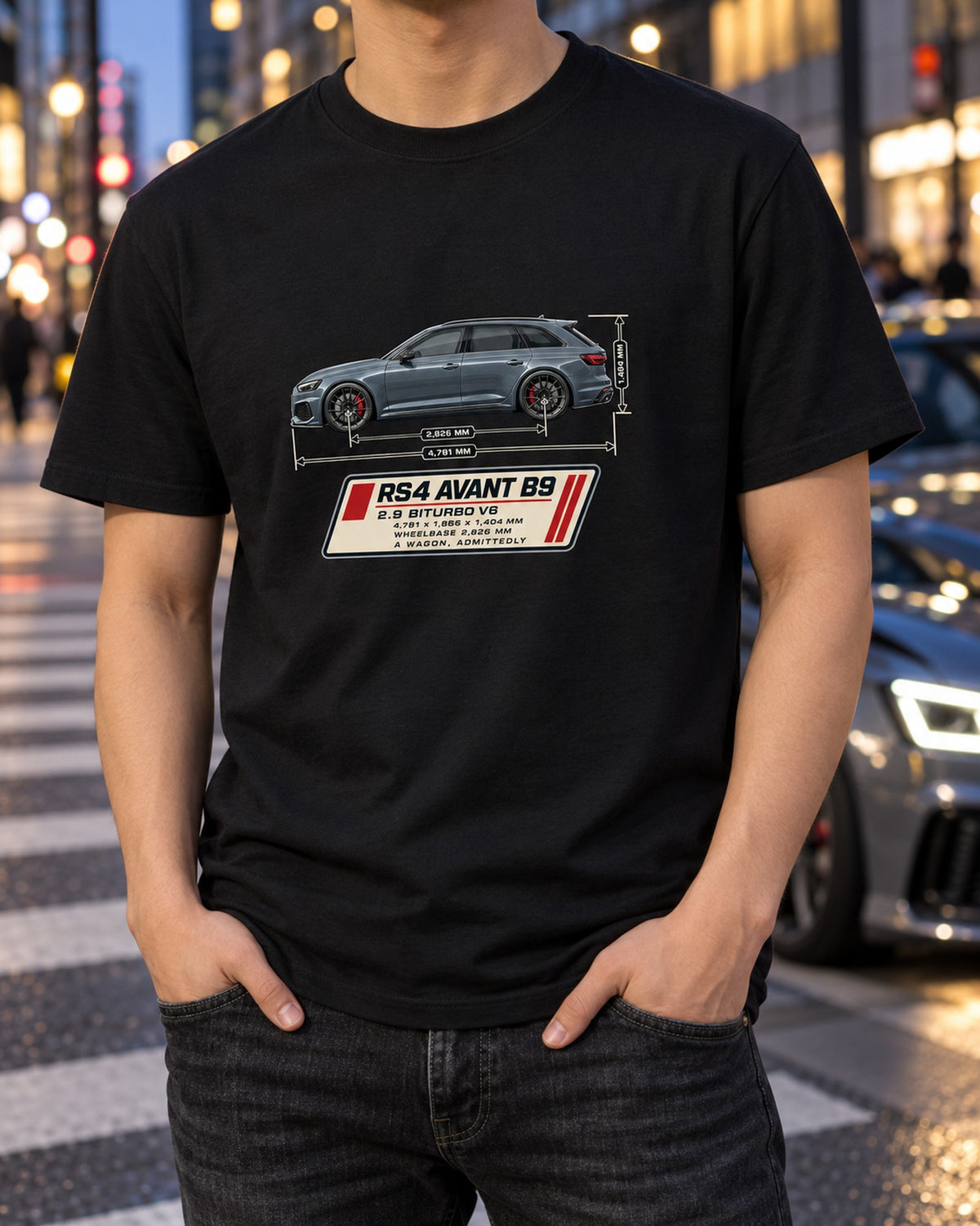 Audi RS4 Avant B9 Dimension Blueprint Shirt, Twin-Turbo V6 T-Shirt Black worn hero