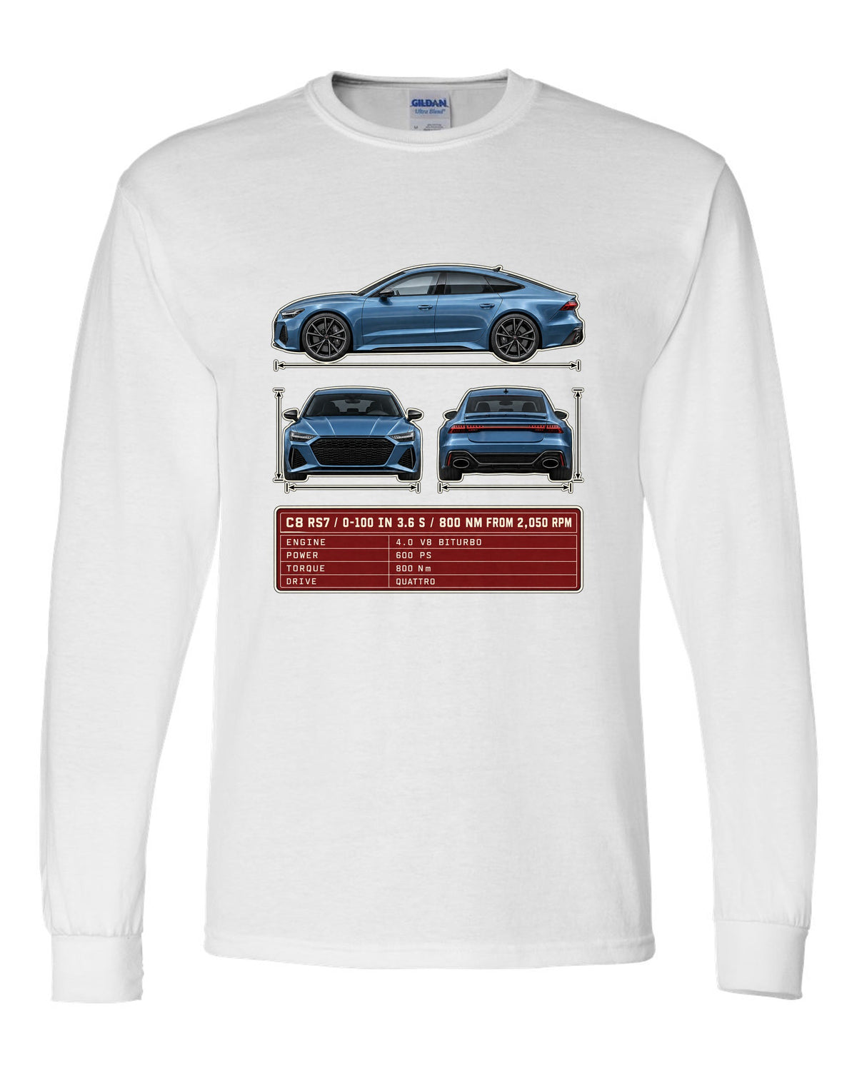 Three-view spec sheet for the Audi RS7 Sportback C8 white long sleeve front view with the design