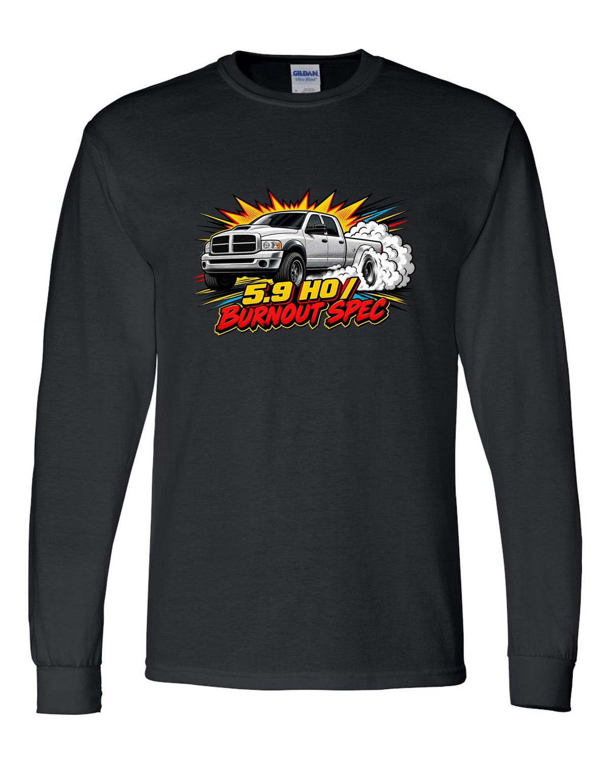 Comic halftone pop-art of a 2003-2009 Dodge Ram 3rd gen 5.9 HO with the words Burnout Spec black long sleeve front view with the design