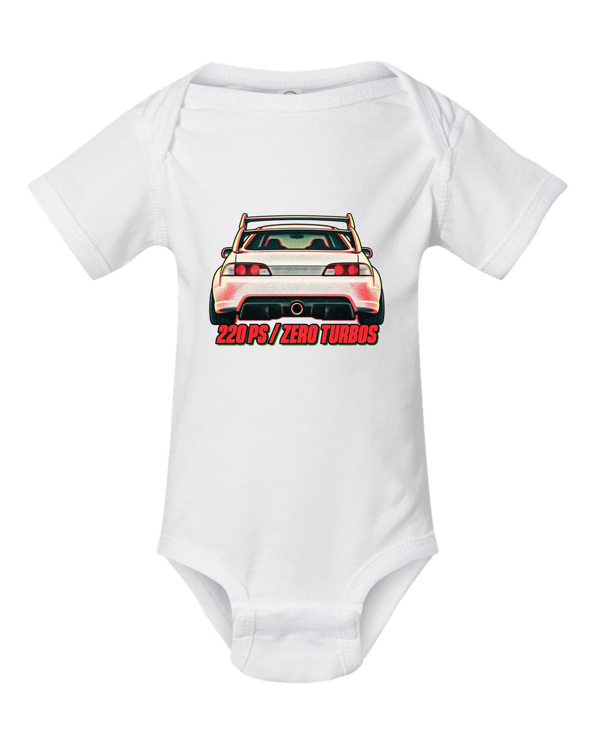 Risograph duotone print of a Honda Integra Type R DC5 with 220 PS zero turbos text white baby onesie front view with the design