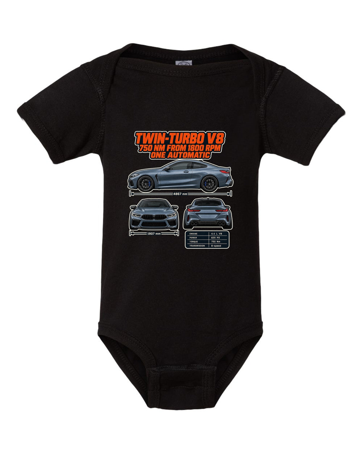 BMW M8 Competition Coupe F92 three-view and spec table print on a tee black baby onesie front view with the design