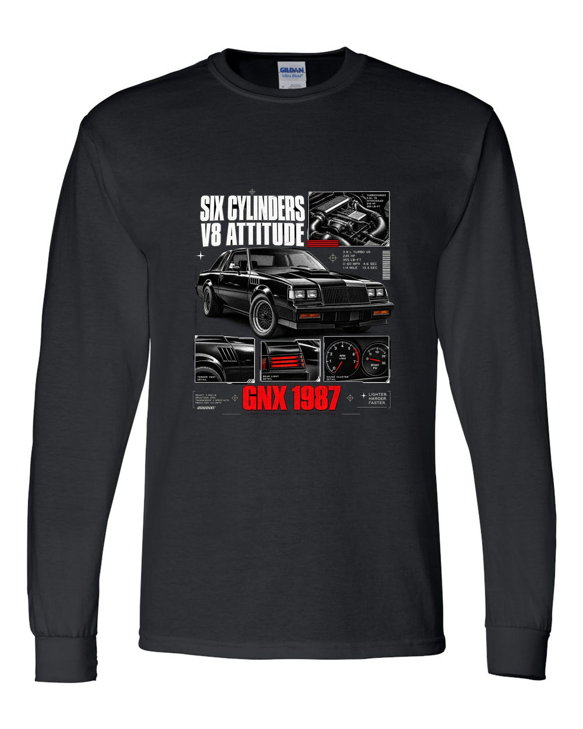 print dossier panels of a 1987 Buick GNX with six cylinders V8 attitude lettering black long sleeve front view with the design