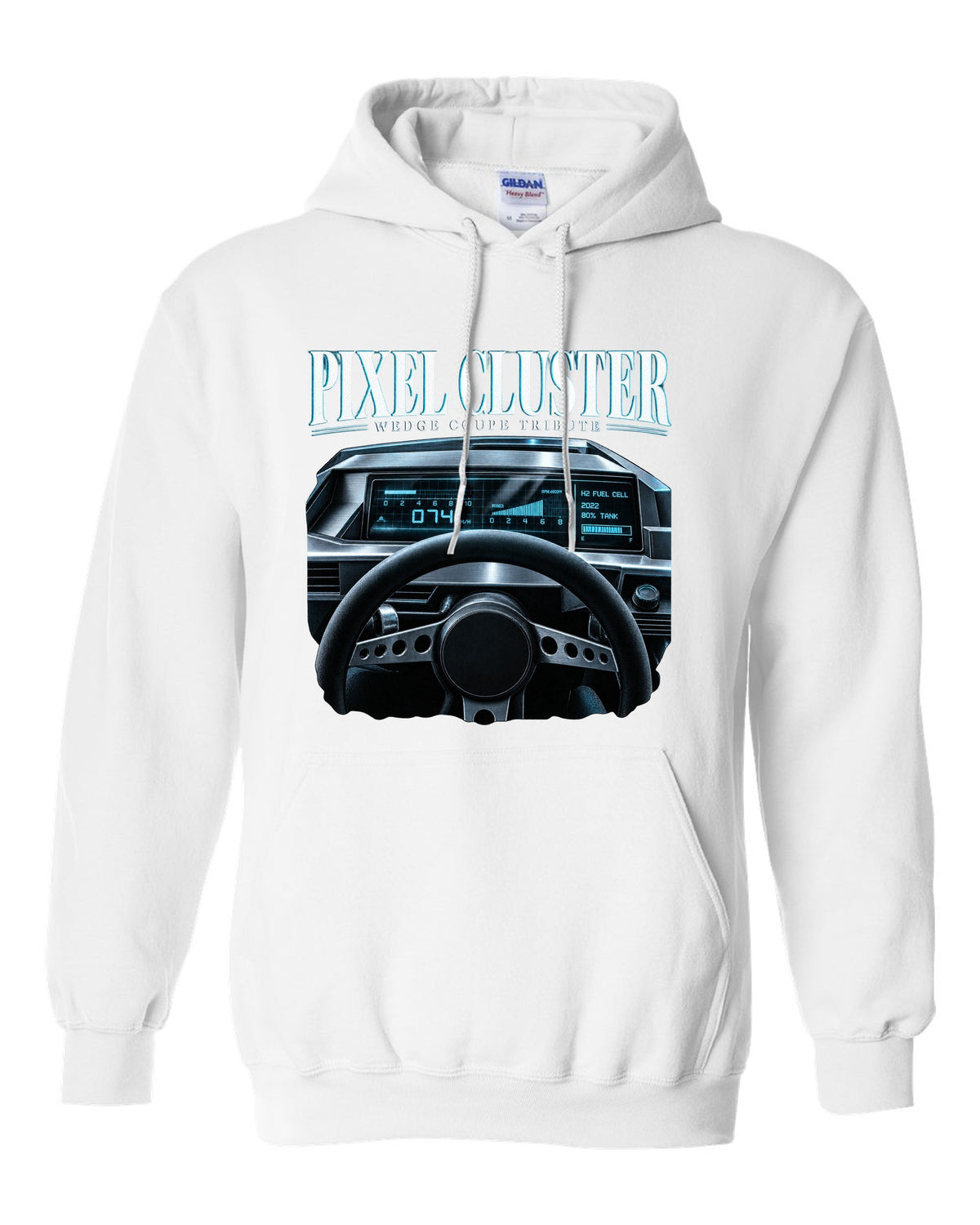 Hyundai N Vision 74 cockpit gauge print with pixel cluster and fuel cell readout white pull over hoodie front view with the design