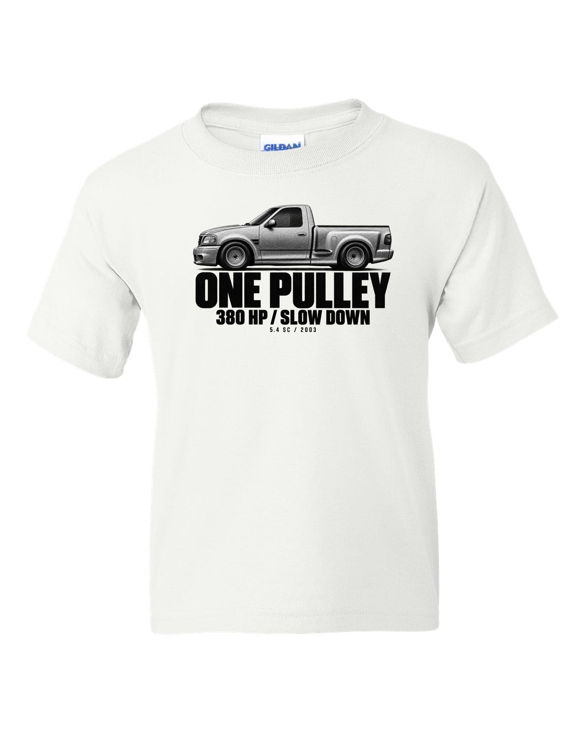 Halftone print of a 2002-03 Ford F-150 SVT Lightning with 380 HP text white kids tee front view with the design