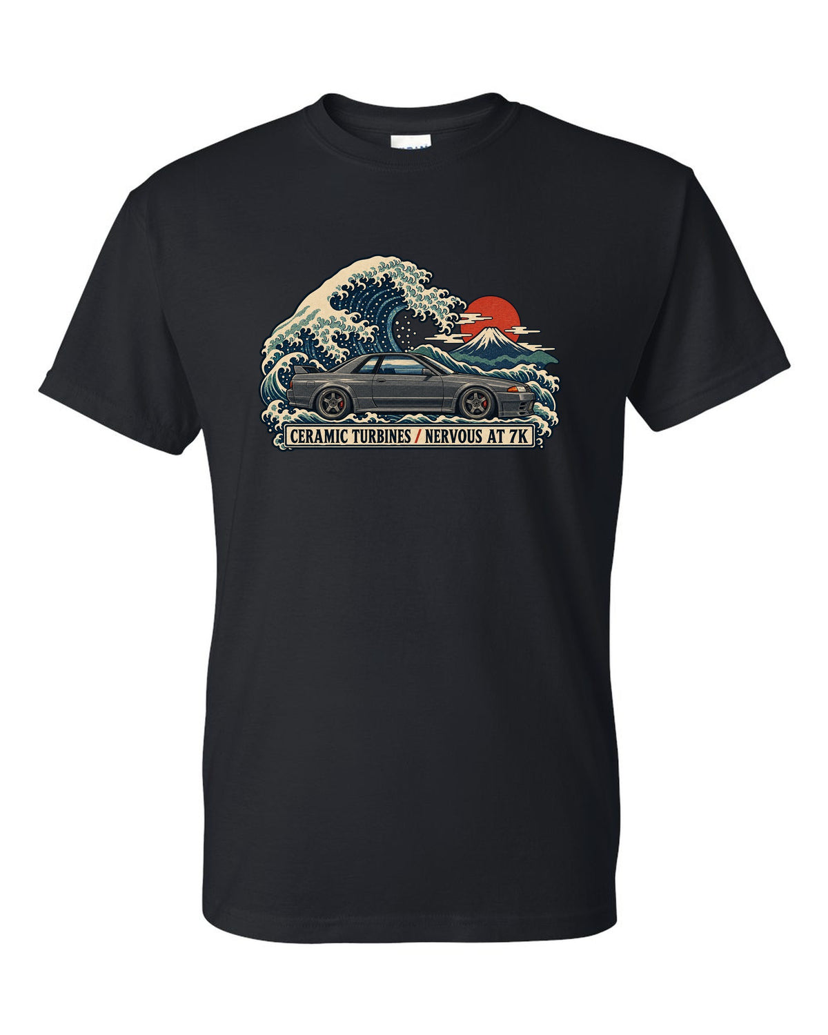 Ukiyo-e woodblock print of a gun grey Nissan Skyline GT-R R32 BNR32 on a wave black t-shirt front view with the design