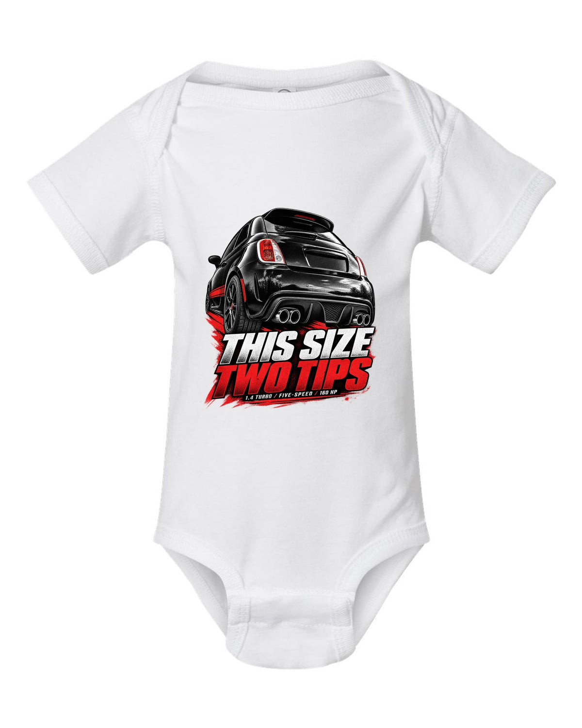 Low rear crop of a US Fiat 500 Abarth exhaust and diffuser on a print white baby onesie front view with the design
