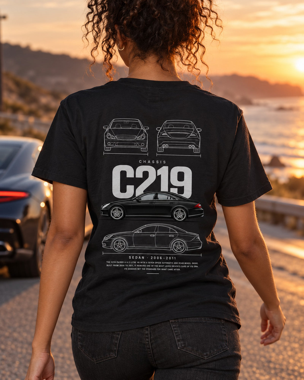 Mercedes CLS 63 AMG Blueprint Full-Back Graphic Tee, C219 Chassis Code T-Shirt Black worn hero